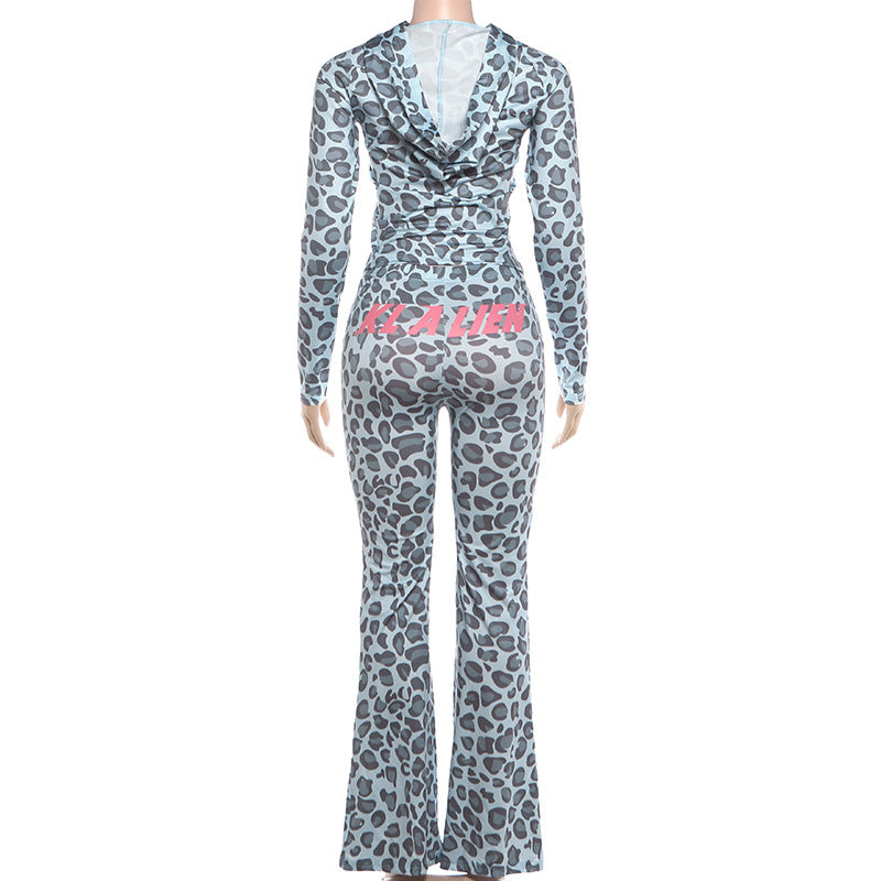 MB1830 Women's Leopard Print Zip Up Hoodie & Flared Pants 2 Piece Set
