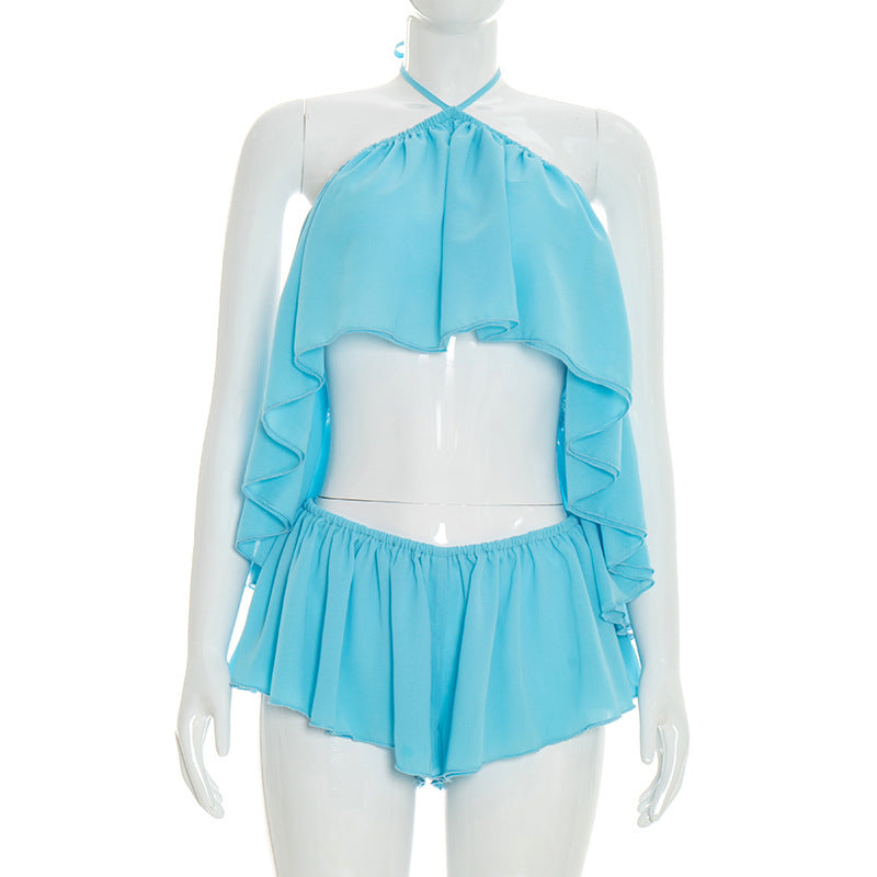 MB10162 Ruffle Halter Two-Piece Set – Backless Crop Top & Ruffle Shorts