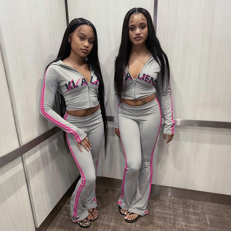 MB1825 Hooded Zip Up Top & Flare Pants 2 Piece Set Loungewear for Women