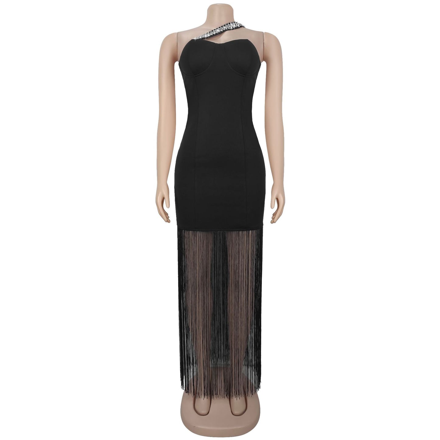 MB1611 Black One-Shoulder Rhinestone Bodycon Dress