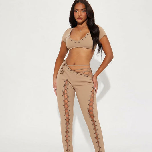 MB1807 Women's Nude Halter Bandeau Crop Top & Waist-Leg Lace-Up High-Waist Leggings Two-Piece Outfit