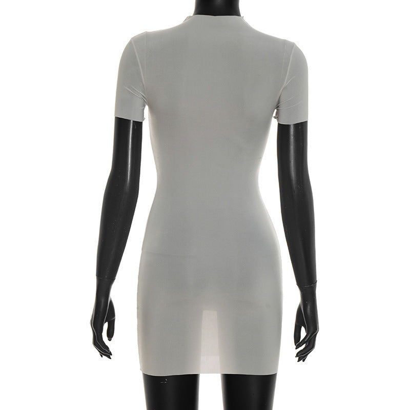 MB1464 Sheer Mesh Mock‑Neck Short‑Sleeve Bodycon Mini Dress