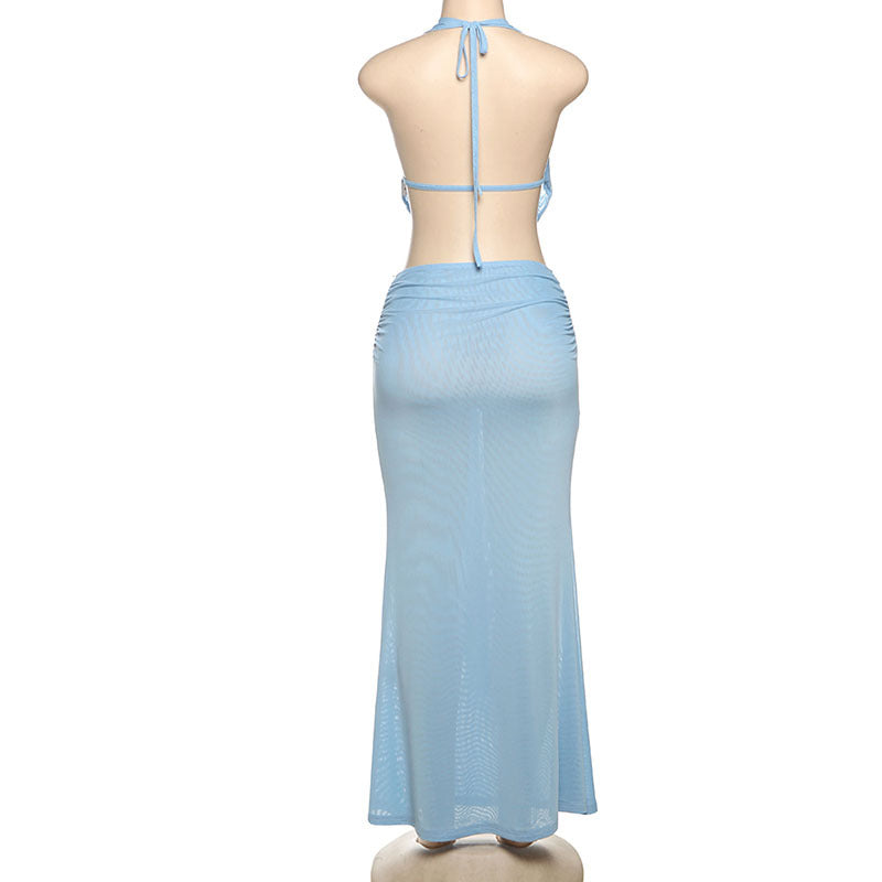 MB1505 Light Blue Sheer Mesh 2-Piece Set: Halter Drape Top and Maxi Skirt