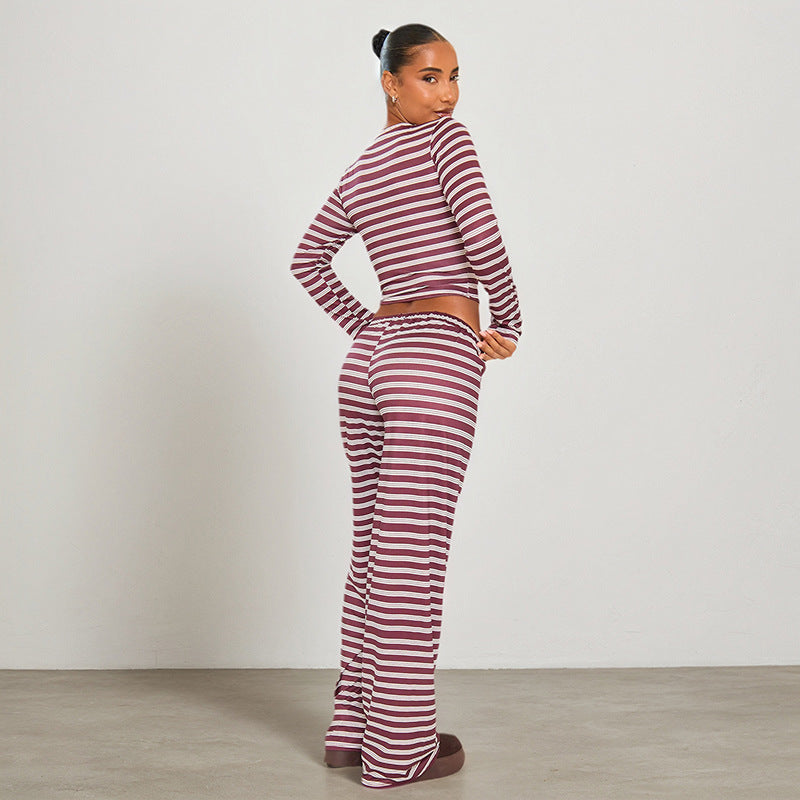 MB1425 Striped Loungewear: Long Sleeve Top + Wide Leg Pants