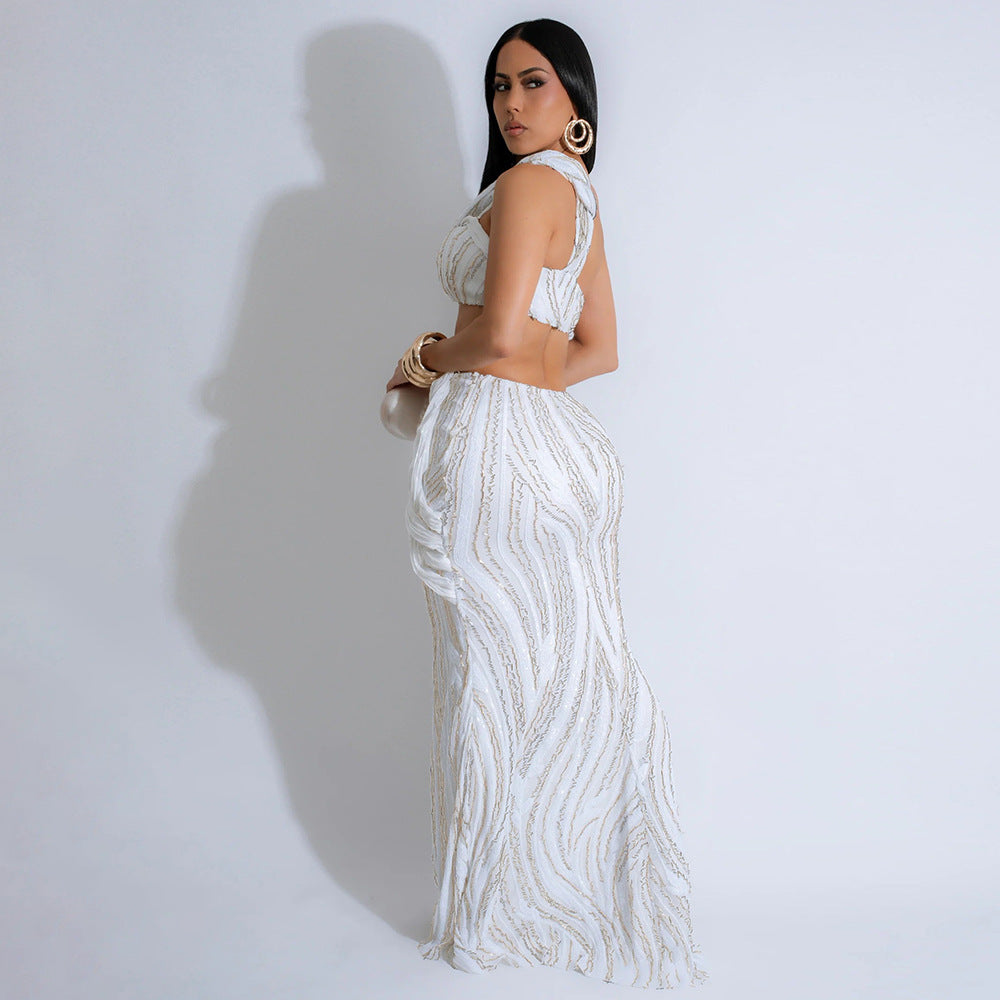 MB1219 Sequin One-Shoulder Crop Top & Bodycon Maxi Skirt Two Piece Set