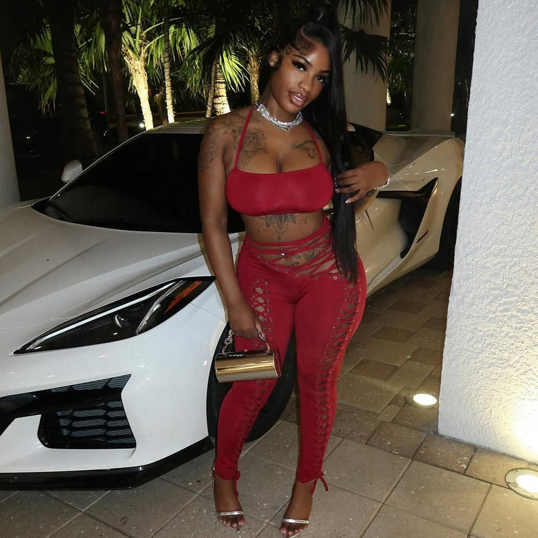 MB1807 Women's Nude Halter Bandeau Crop Top & Waist-Leg Lace-Up High-Waist Leggings Two-Piece Outfit