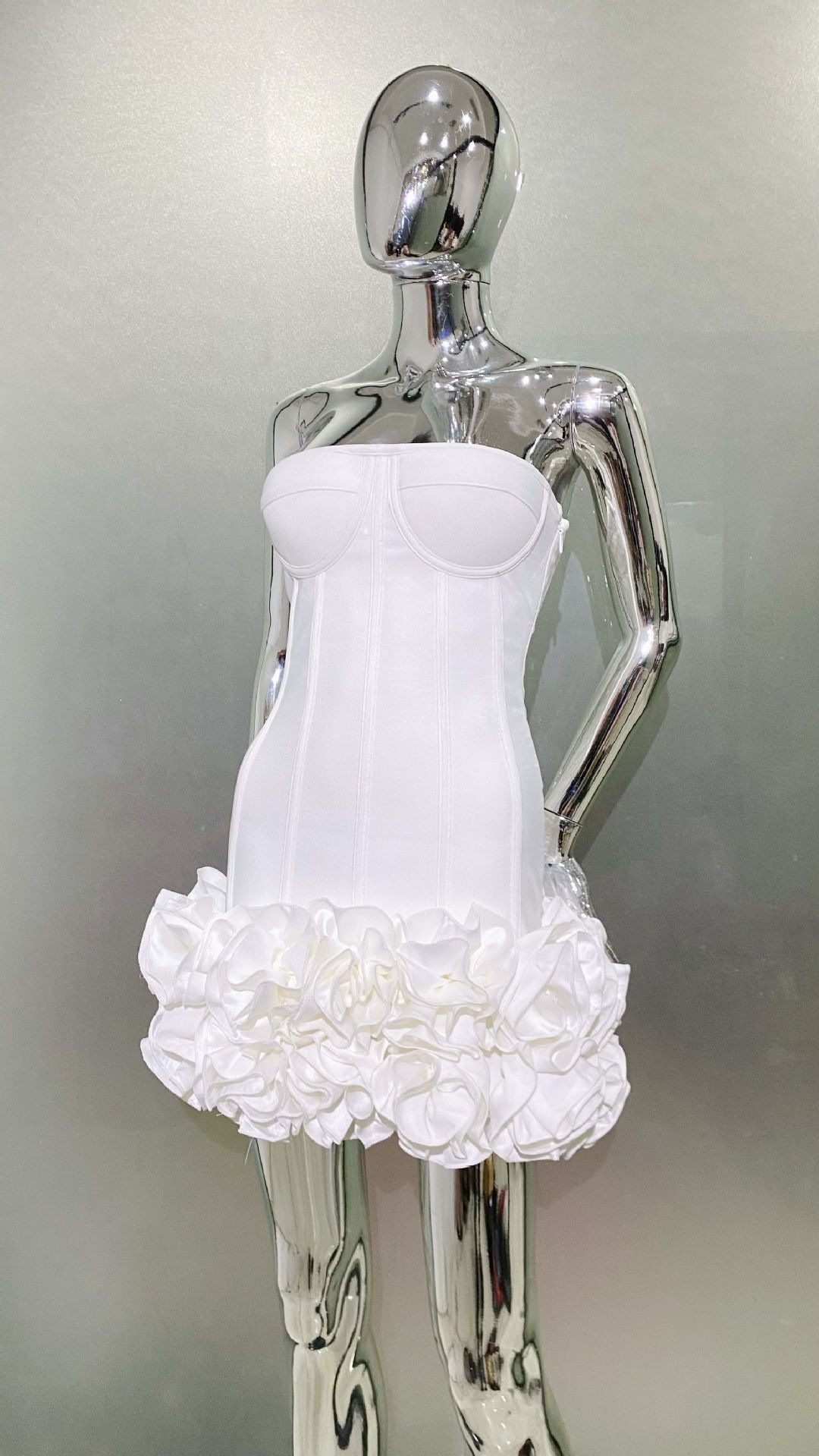 MB2104 Bandage Mini Dress, 3D Floral Ruffle Hem, Music Festival Gown