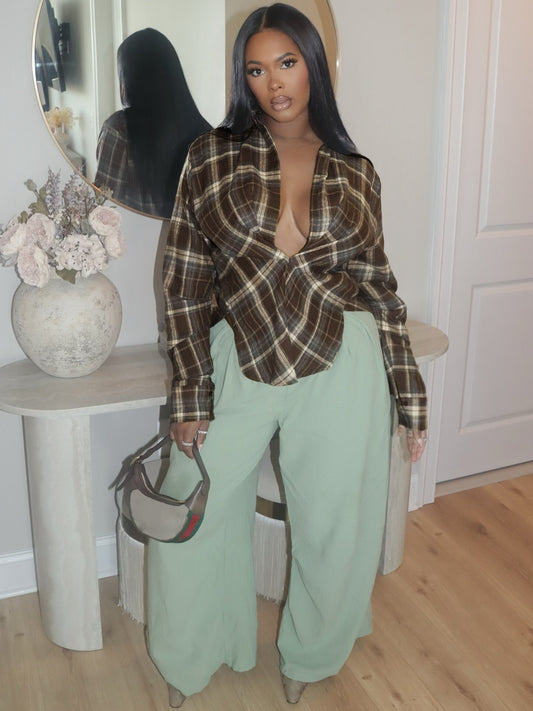 MB1718 Women’s Plaid Deep V-Neck Long Sleeve Shirt