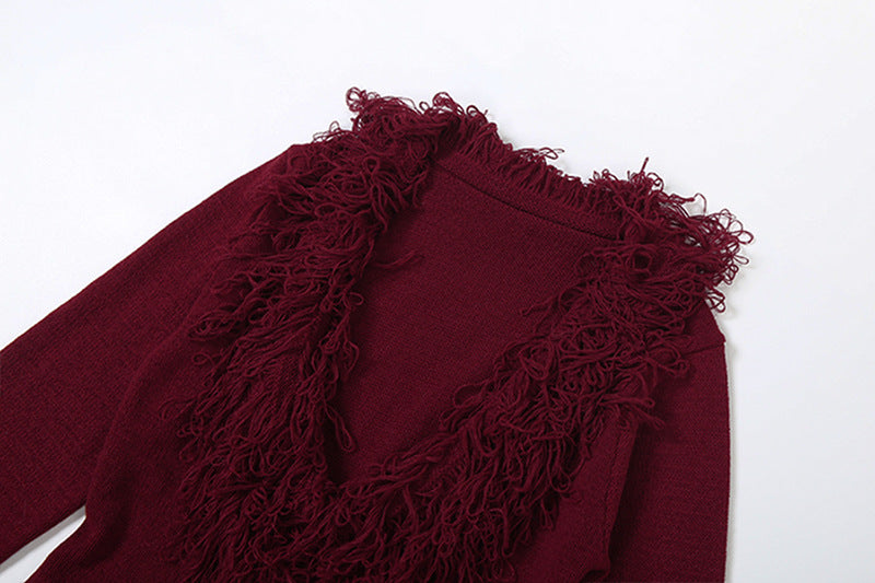 MB1806 Women's Burgundy Deep V Fringe Trim Ribbed Knit Midi Dress