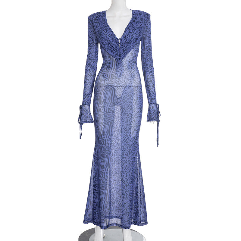 MB1403 Blue V Neck Mesh Maxi Dress for Women