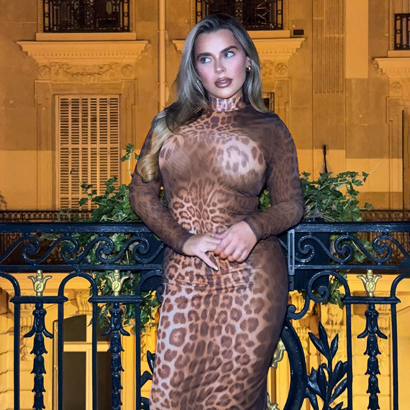 MB1436 Leopard Print Sheer Turtleneck Maxi Dress