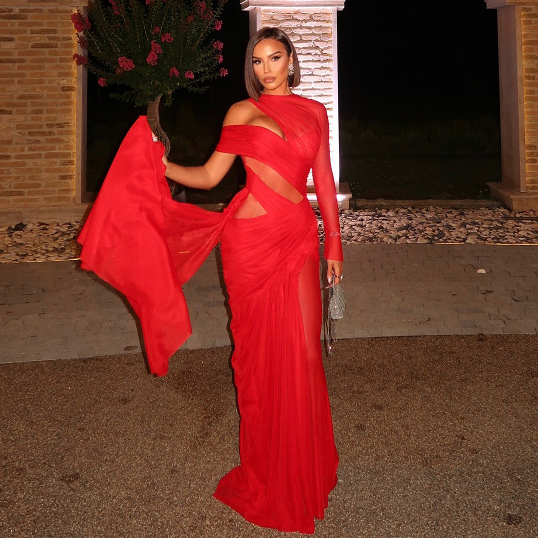 MB1105 Red Sheer Bodycon Maxi Dress