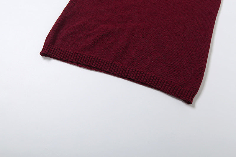 MB1806 Women's Burgundy Deep V Fringe Trim Ribbed Knit Midi Dress