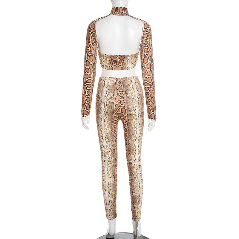 MB10129 Women's Snake Print Cutout Crop Top & Leggings Two Piece Set