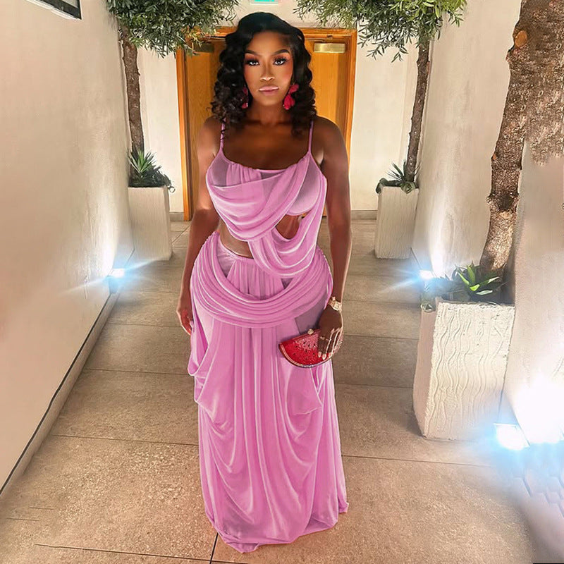 MB1901 Pink Two-Piece Mesh Set – Spaghetti Strap Crop Top & High Waist Maxi Skirt