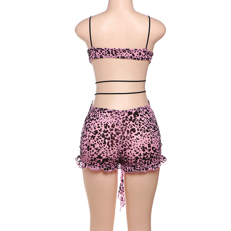 MB1502 Leopard Print Lace-Up Sheer Romper