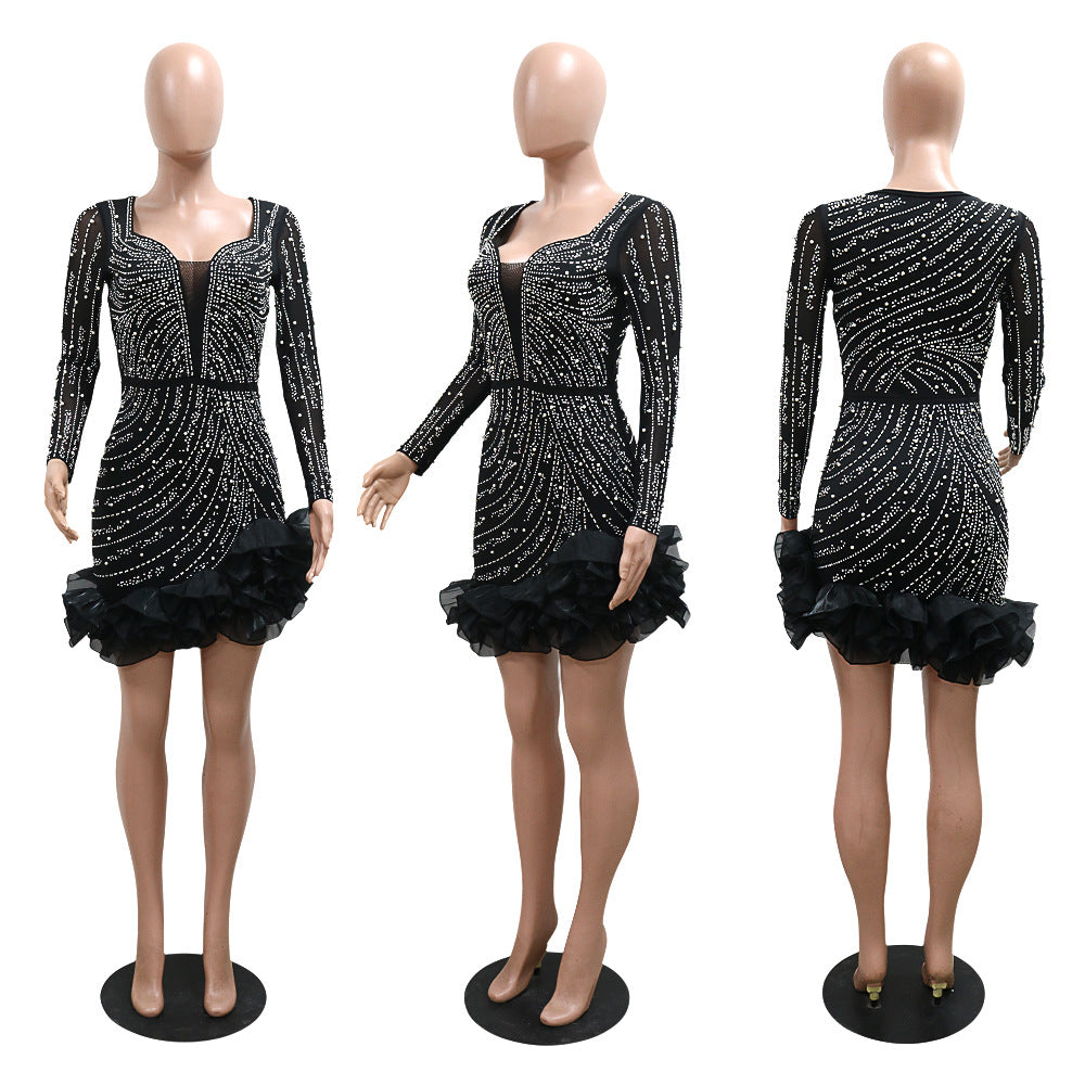 MB1210 Women's Luxury Rhinestone Beaded Mini Dress