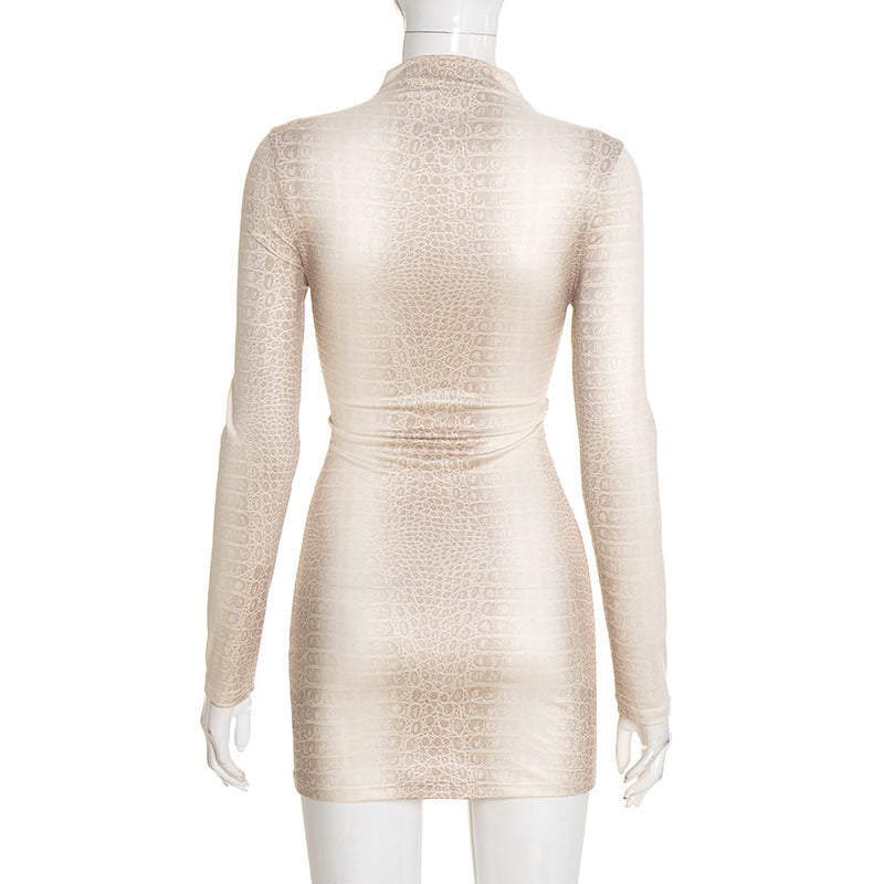 MB10128 Women's Snake Print Mock Neck Long Sleeve Mini Dress