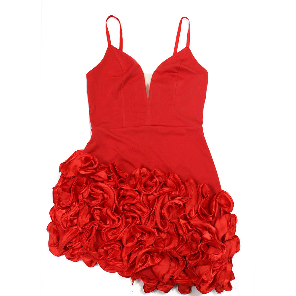 MB1213 Women's Deep V Ruffle Hem Mini Dress