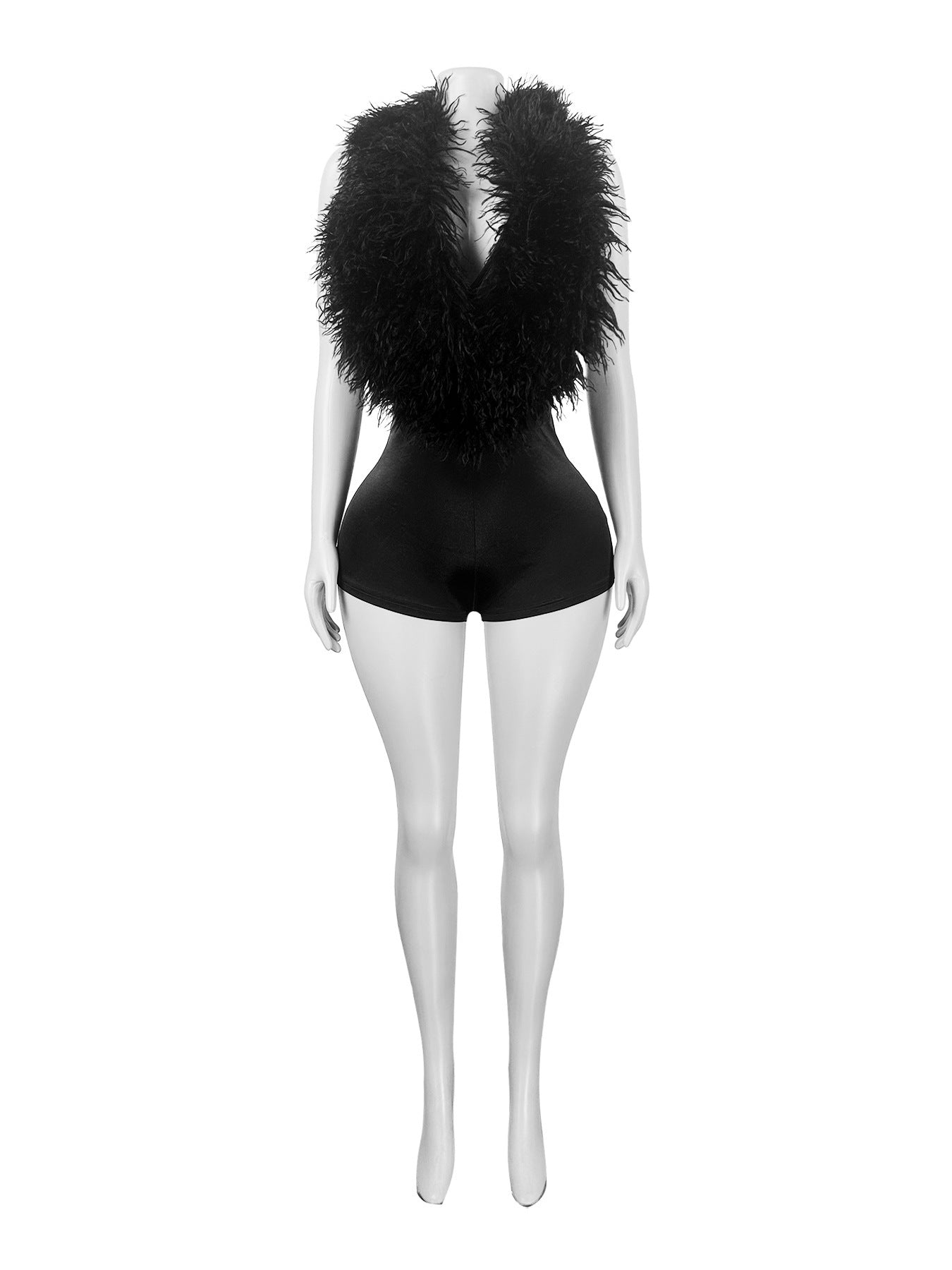 MB1701 Feather Trim Deep V Open Back Satin Romper