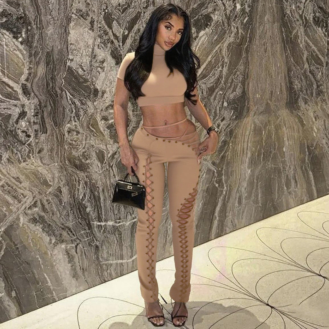 MB1807 Women's Nude Halter Bandeau Crop Top & Waist-Leg Lace-Up High-Waist Leggings Two-Piece Outfit