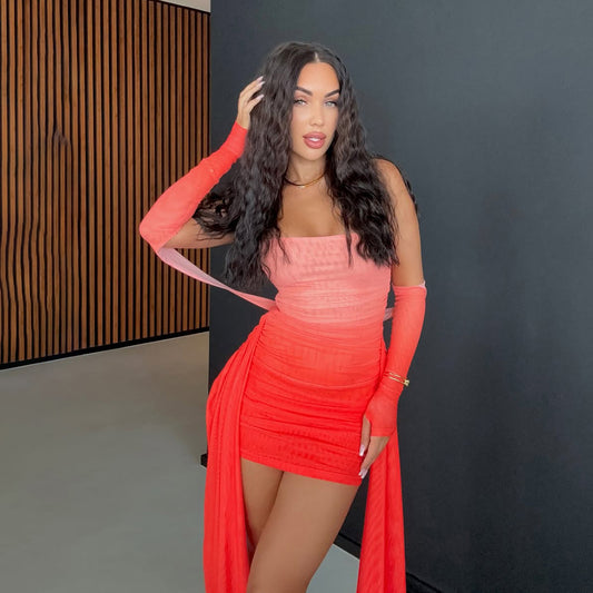 MB1809 Women's Pink-to-Red Gradient Ruched Mini Dress