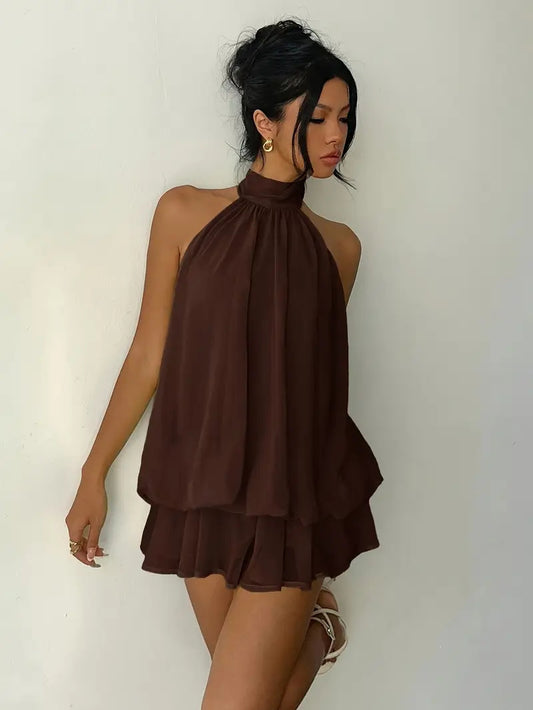 MB2001  Halter Backless Mini Dress - Flowy Ruffle Chiffon Party Dress for Women 