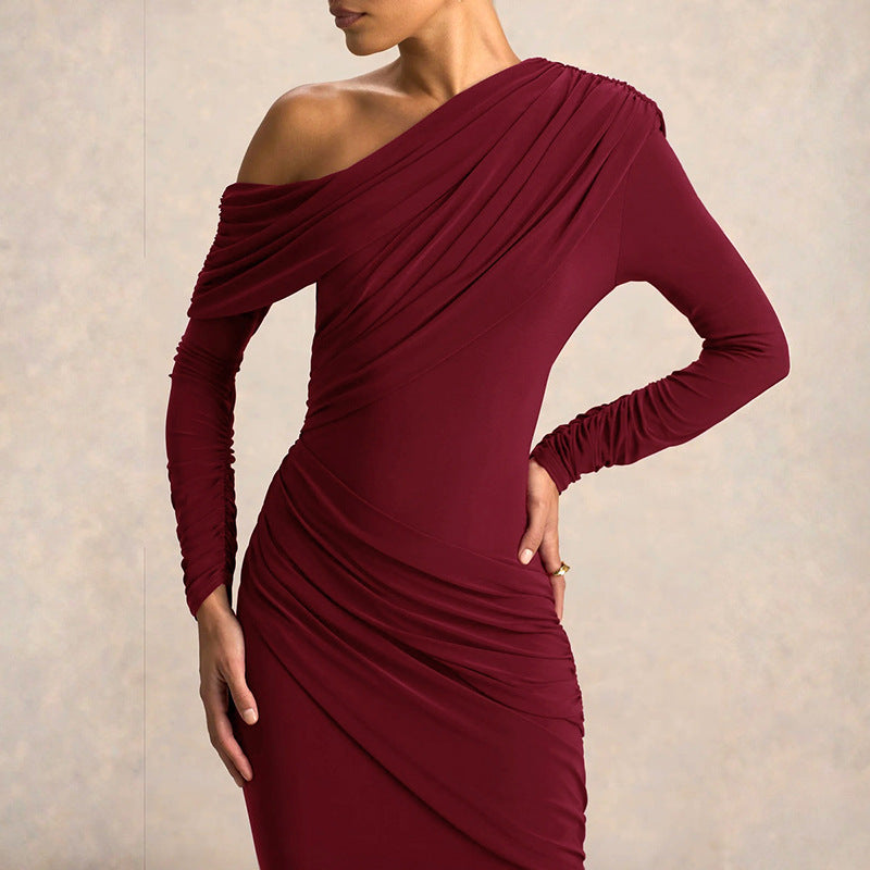 MB1422 One-Shoulder Long Sleeve Bodycon Maxi Dress for Women