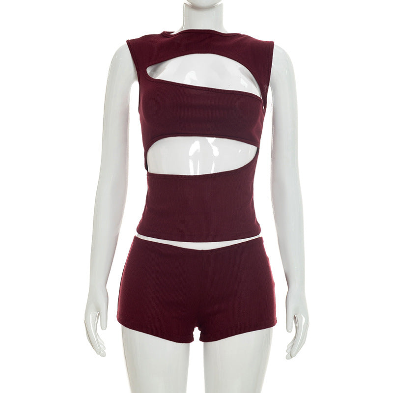 MB10165 Ribbed Cutout Sleeveless Crop Top & Mini Shorts 2 Piece Outfit | Women Solid Color Matching Loungewear Set