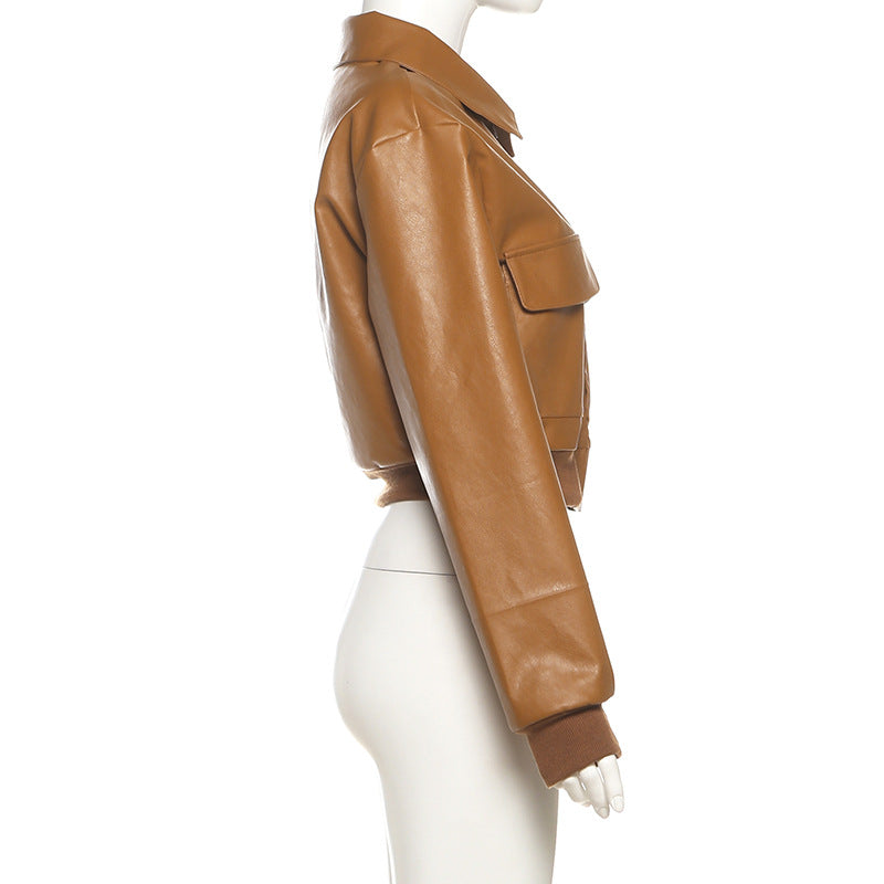 MB1137 Tan Cropped PU Leather Bomber Jacket with Cargo Pockets