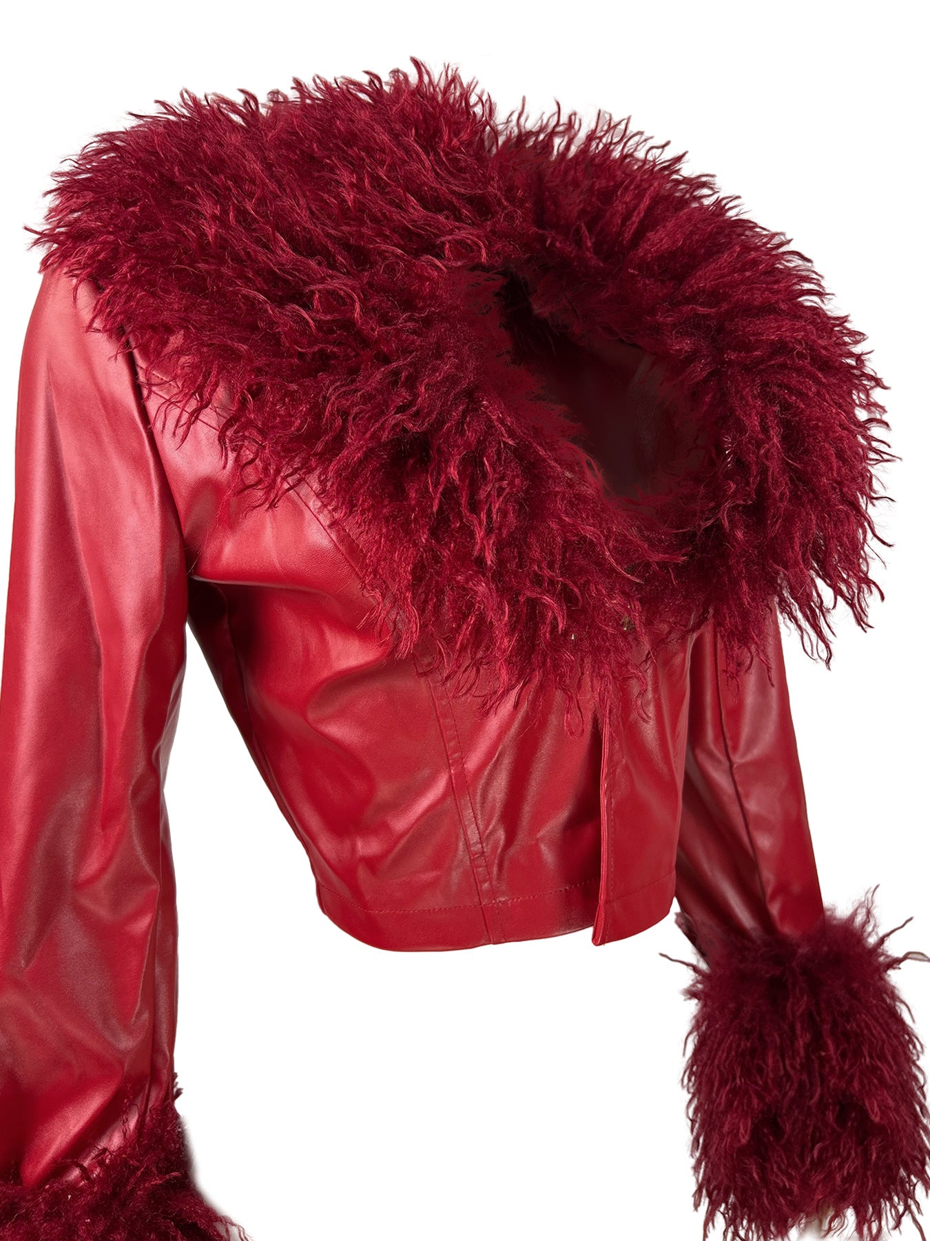 MB1707 Feather Collar & Cuff Trim Cropped Leather Zipper Jacket for Women