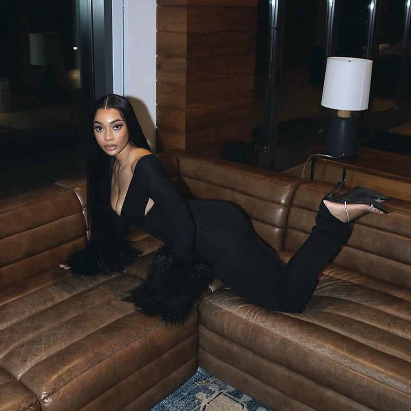 MB10139 Women’s Cutout Crisscross Faux Fur Cuff Jumpsuit