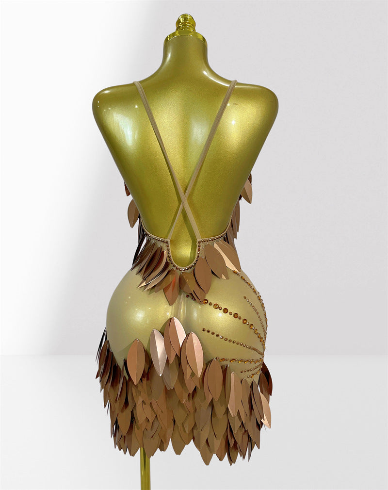 MB2103 Brown Acrylic Feather Mini Dress, Party Performance Gown