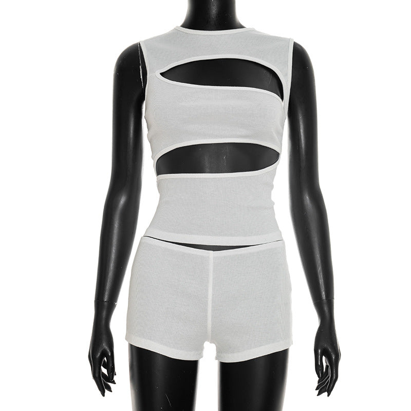 MB10165 Ribbed Cutout Sleeveless Crop Top & Mini Shorts 2 Piece Outfit | Women Solid Color Matching Loungewear Set