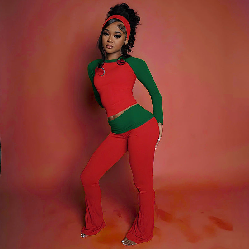 MB1820 Color Block Top & Flare Pants 2 Piece Set with Headband