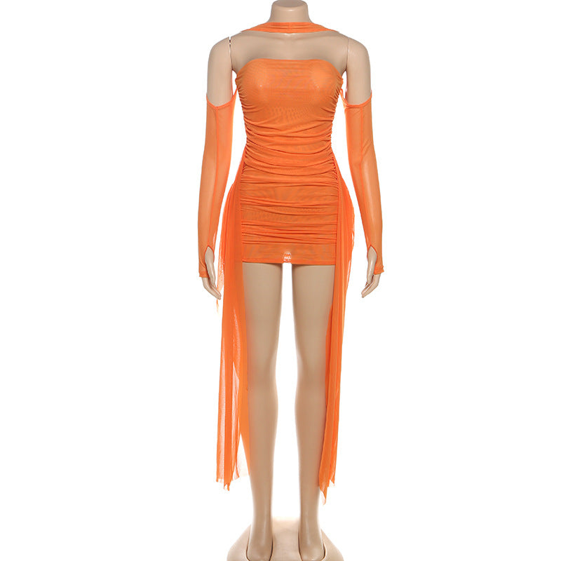 MB1808 Women's Ruched Tulle Sleeve Mini Dress