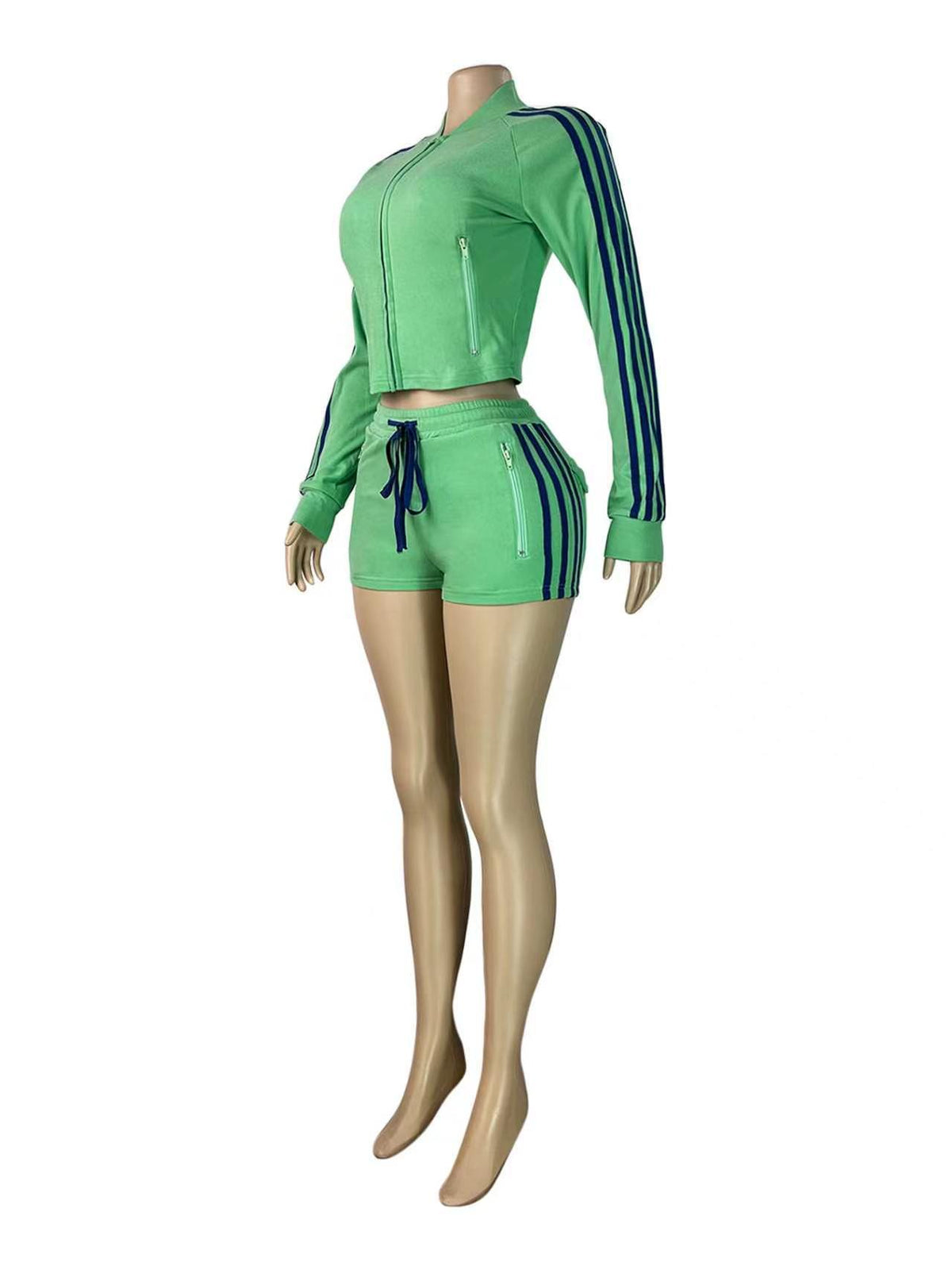 MB1731 Striped Velour Cropped Jacket & High‑Waist Shorts 2‑Piece Tracksuit Set