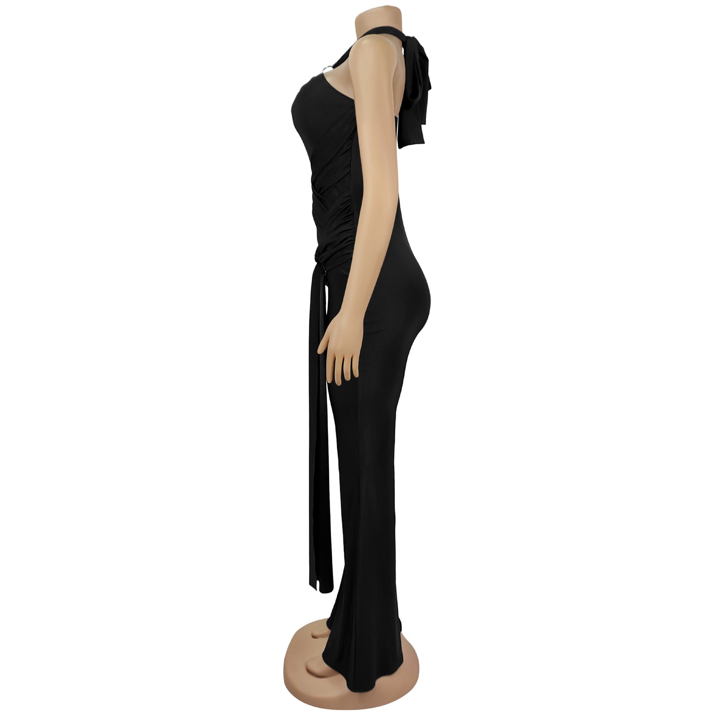 MB1603 Halter Formal Jumpsuit - Cutout Chest Crisscross Ruched Flared Leg
