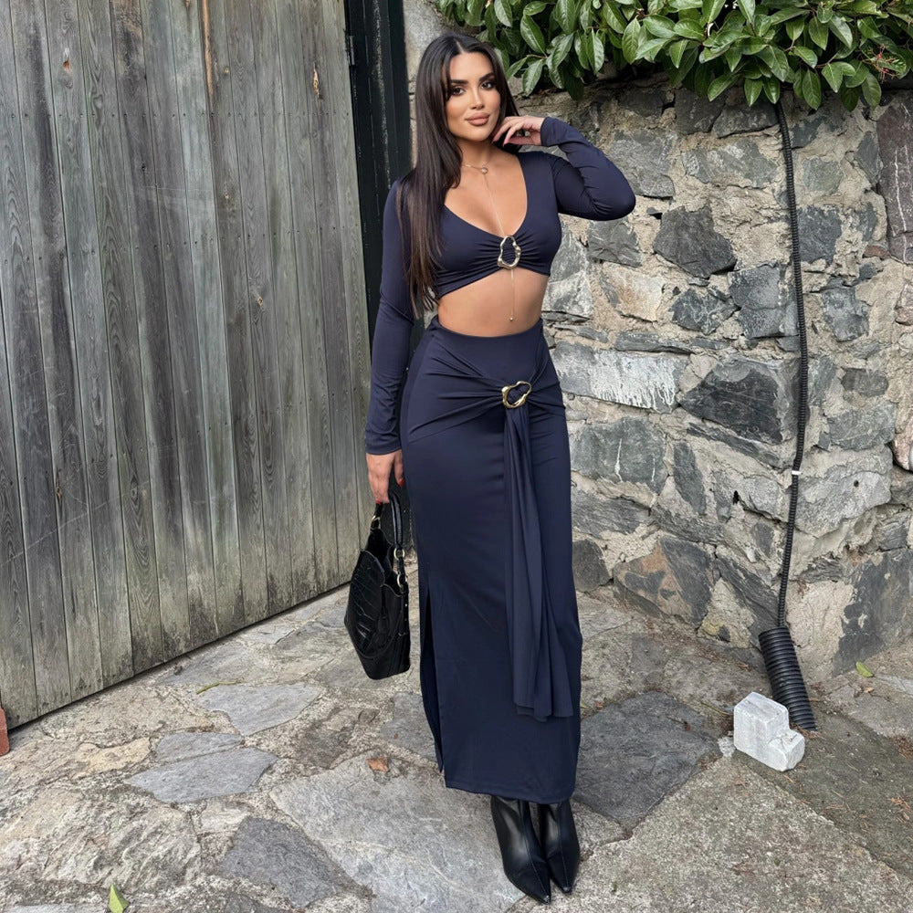 MB1319 Long Sleeve Crop Top & Maxi Skirt Two Piece Set