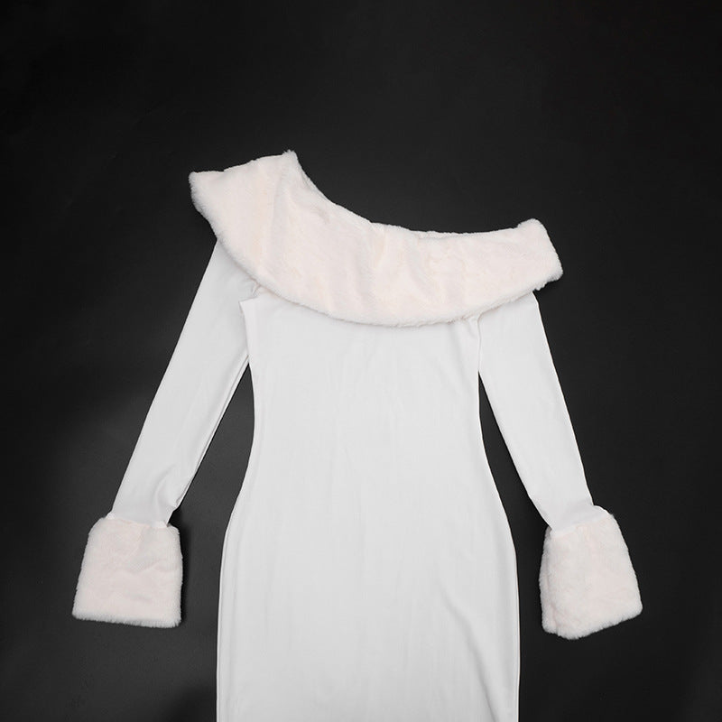 MB1419 White Faux Fur Trim Bodycon Maxi Dress for Women