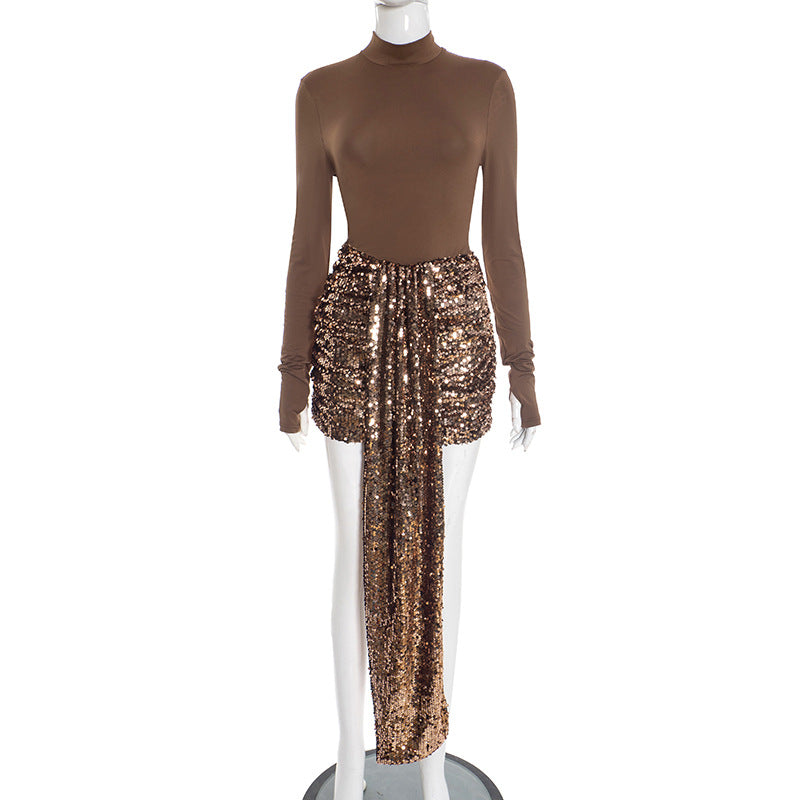 MB1450 Mock Neck Top & Sequin Drape Skirt 2 Piece Set