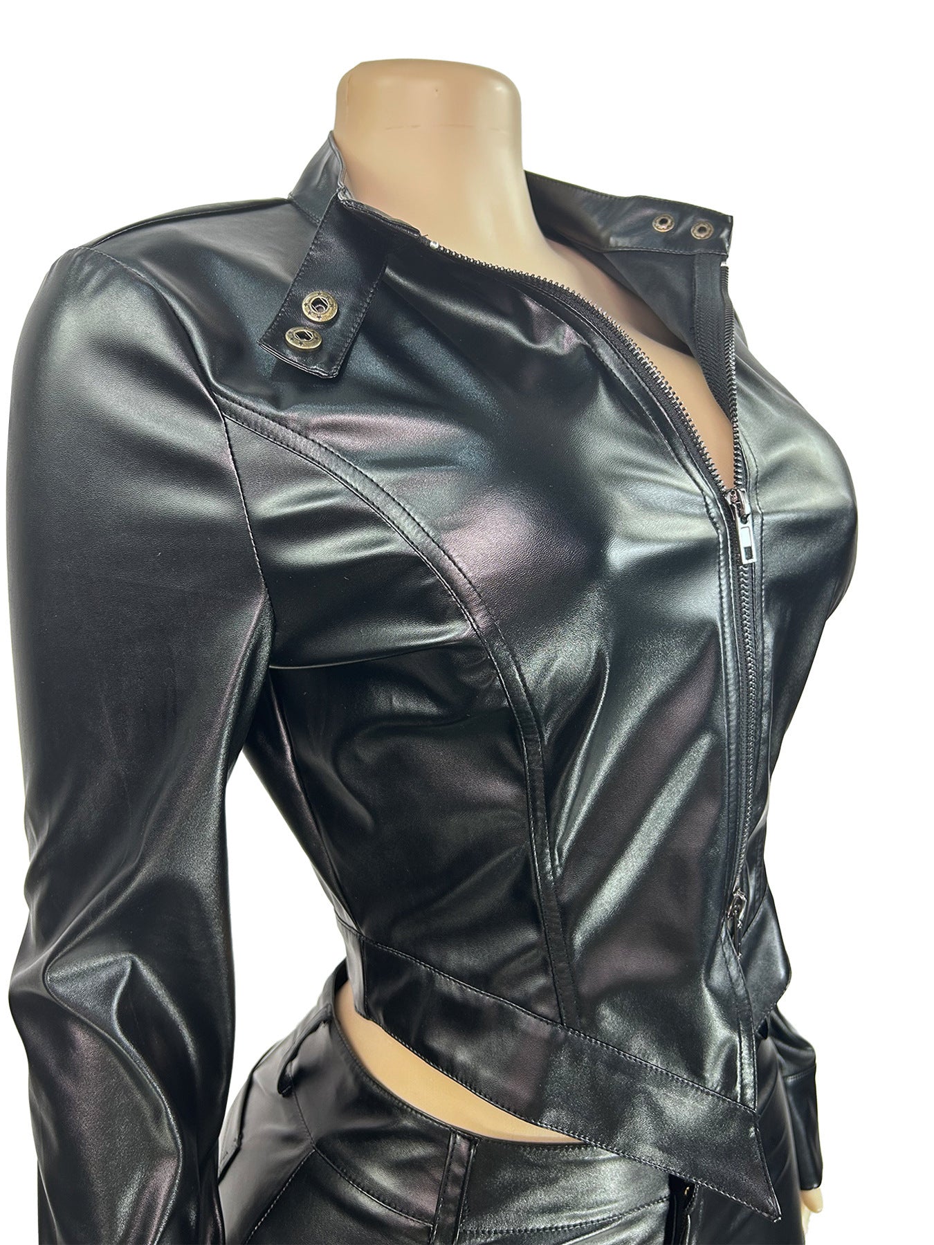 MB1702 Leather Stand Collar Biker Two-Piece Set
