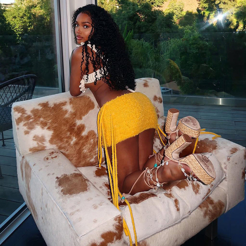 MB1504 Knit Fringe Bodycon Mini Skirt for Party