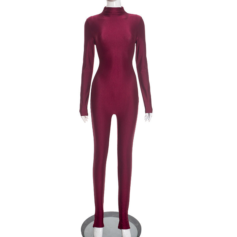 MB10151 Women's Wine Red Long Sleeve Turtleneck Jumpsuit