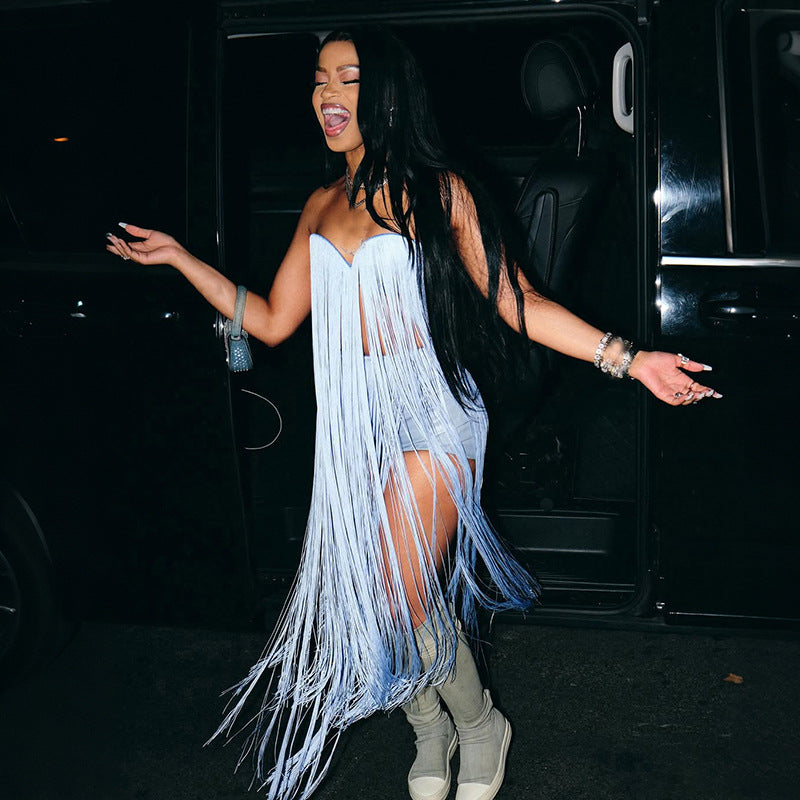 MB1521 Light Blue Fringe Strapless Crop Top for Women