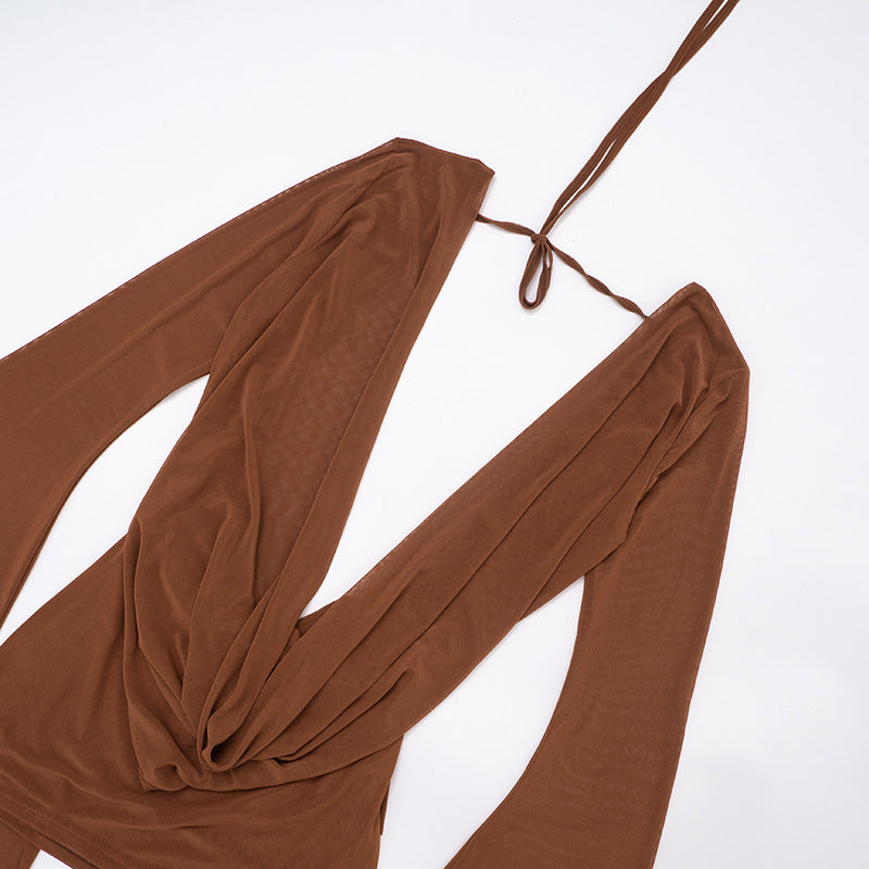 MB1031 Women's Mesh Backless Dress with Draped Neckline