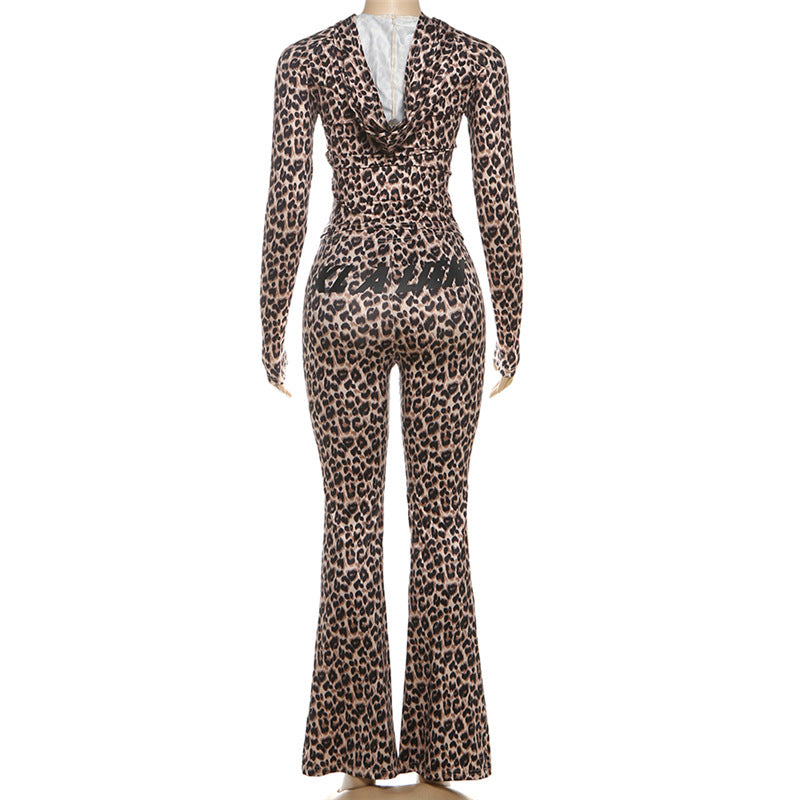 MB1830 Women's Leopard Print Zip Up Hoodie & Flared Pants 2 Piece Set