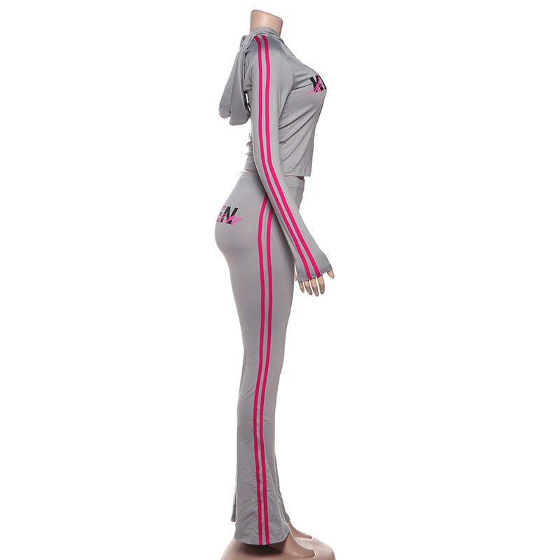 MB1825 Hooded Zip Up Top & Flare Pants 2 Piece Set Loungewear for Women