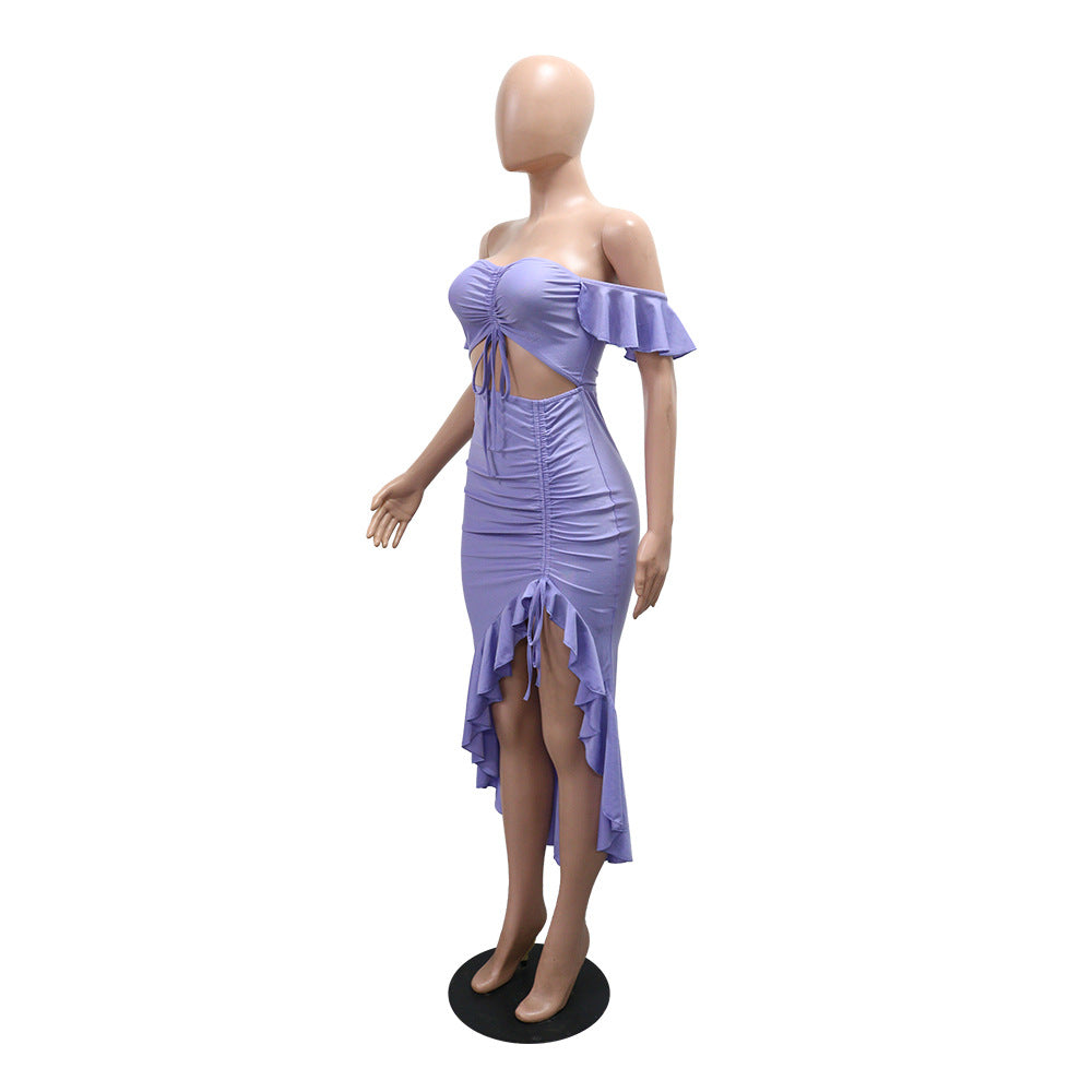 MB1218 Off-The-Shoulder Ruffle Cut-Out Midi Dress