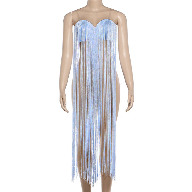 MB1521 Light Blue Fringe Strapless Crop Top for Women